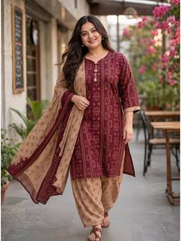 Rajnandini - Maroon Cotton Blend Printed Ready to Wear Kurta with Patiala Salwar Dupatta