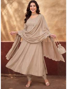 Jaipur Kurti - Women'S Beige Embroidered Kurta with Pant and Dupatta