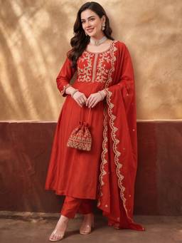 Jaipur Kurti - Women'S Rust Embroidered Kurta with Pant and Dupatta