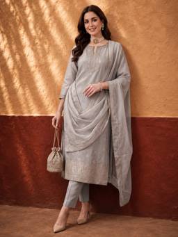 Jaipur Kurti - Women'S Grey Woven Zari Kurta with Pant and Dupatta