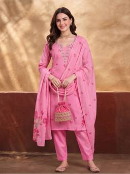 Jaipur Kurti - Women'S Pink Floral Printed Kurta with Salwar and Dupatta