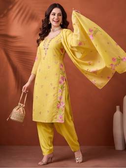 Jaipur Kurti - Women'S Lemon Yellow Floral Printed Kurta with Salwar and Dupatta