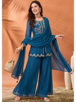 Jaipur Kurti - Women'S Blue Embroidered Kurta with Palazzo and Dupatta