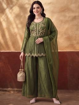 Jaipur Kurti - Women'S Olive Embroidered Kurta with Palazzo and Dupatta