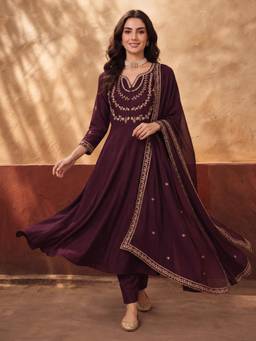 Jaipur Kurti - Women'S Wine Embroidered Kurta with Pant and Dupatta