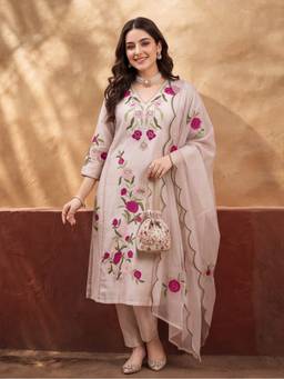 Jaipur Kurti - Women'S Cream Floral Embroidered Kurta with Pant and Dupatta