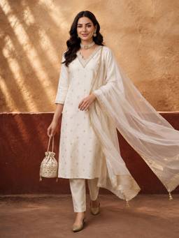 Jaipur Kurti - Women'S Off White Embroidered Kurta with Pant and Dupatta