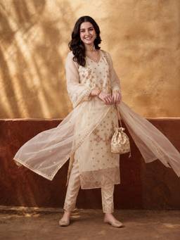 Jaipur Kurti - Women'S Cream Heavy Embroidered Kurta with Pant and Dupatta