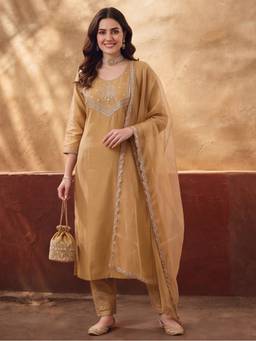 Jaipur Kurti - Women'S Beige Embroidered Kurta with Pant and Dupatta
