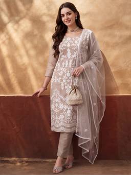 Jaipur Kurti - Women'S Taupe Heavy Embroidered Kurta with Pant and Dupatta
