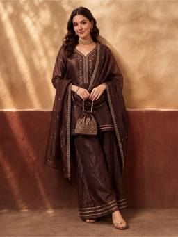 Jaipur Kurti - Women'S Brown Embroidered Kurta with Sharara and Dupatta