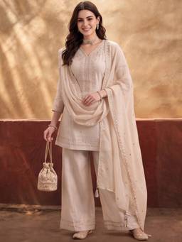 Jaipur Kurti - Women'S Cream Embroidered Kurta with Sharara and Dupatta