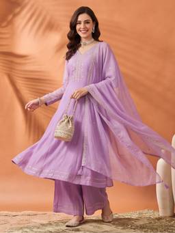 Jaipur Kurti - Women'S Lavender Embroidered Kurta with Sharara and Dupatta