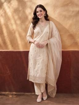 Jaipur Kurti - Women'S Cream Heavy Zari Weaving Kurta with Pant and Dupatta