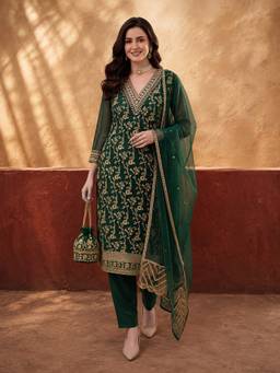 Jaipur Kurti - Women'S Green Heavy Zari Weaving Kurta with Pant and Dupatta