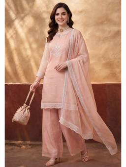 Jaipur Kurti - Women'S Peach Embroidered Kurta with Palazzo and Dupatta