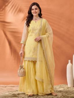 Jaipur Kurti - Women'S Yellow Embroidered Kurta with Sharara and Dupatta