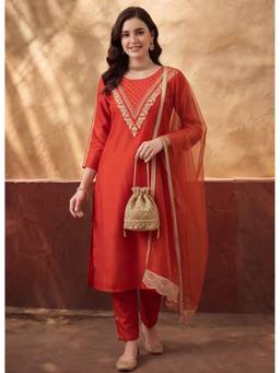 Jaipur Kurti - Women'S Rust Embroidered Kurta with Pant and Dupatta