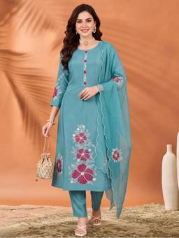 Jaipur Kurti - Women'S Sky Blue Floral Embroidered Kurta with Pant and Dupatta