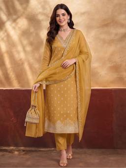 Jaipur Kurti - Women'S Mustard Embroidered Kurta with Pant and Dupatta
