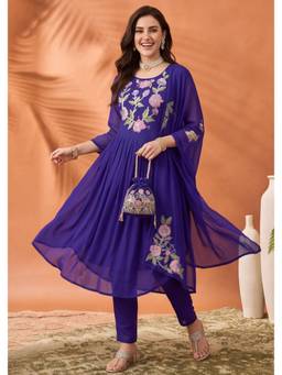 Jaipur Kurti - Women'S Royal Blue Floral Embroidered Anarkali Kurta with Pant and Dupatta