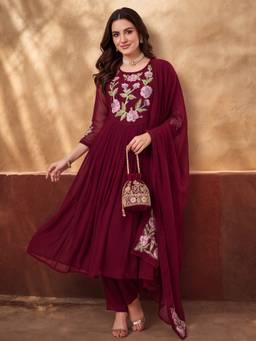 Jaipur Kurti - Women'S Maroon Floral Embroidered Anarkali Kurta with Pant and Dupatta