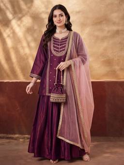 Jaipur Kurti - Women'S Wine Embroidered Kurta with Palazzo and Dupatta