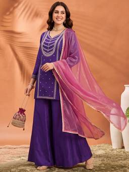 Jaipur Kurti - Women'S Purple Embroidered Kurta with Palazzo and Dupatta