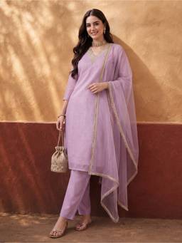 Jaipur Kurti - Women'S Dark Lavender Embroidered Kurta with Pant and Dupatta