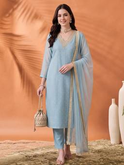 Jaipur Kurti - Women'S Dark Sky Blue Embroidered Kurta with Pant and Dupatta