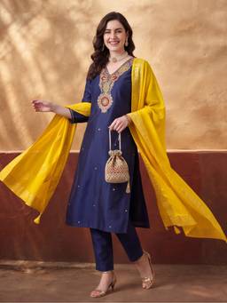 Jaipur Kurti - Women'S Dark Navy Blue Embroidered Kurta with Pant and Dupatta