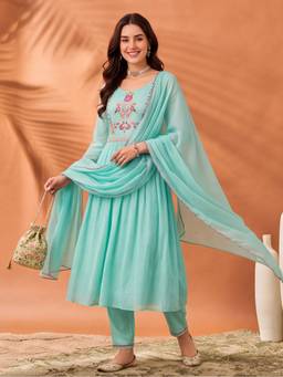 Jaipur Kurti - Women'S Mint Green Embroidered Anarkali Kurta with Pant and Dupatta