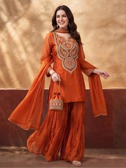 Jaipur Kurti - Women'S Orange Embroidered Kurta with Palazzo and Dupatta