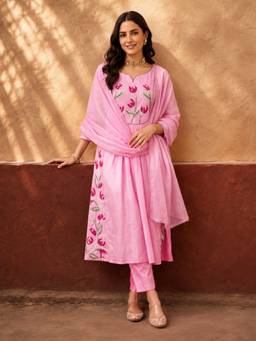 Jaipur Kurti - Women'S Pink Floral Embroidered Anarkali Kurta with Pant and Dupatta