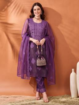 Jaipur Kurti - Women'S Lavender Embroidered Organza Kurta with Pant and Dupatta
