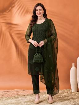 Jaipur Kurti - Women'S Green Embroidered Organza Kurta with Pant and Dupatta