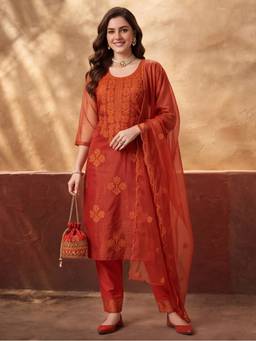 Jaipur Kurti - Women'S Orange Embroidered Organza Kurta with Pant and Dupatta