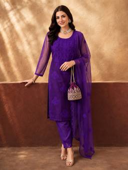 Jaipur Kurti - Women'S Purple Embroidered Organza Kurta with Pant and Dupatta