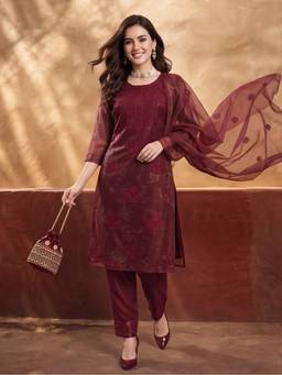 Jaipur Kurti - Women'S Maroon Embroidered Organza Kurta with Pant and Dupatta