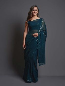 Odette - Teal Colour Georgette Saree with Unstitched Blouse