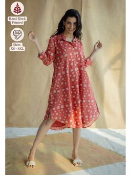 The Indian Ethnic Co. - Coral Loose Batik Printed Mul Cotton Dress
