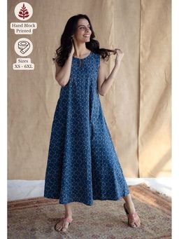 The Indian Ethnic Co. - Navy Blue Ajrakh Printed Cotton A Line Dress