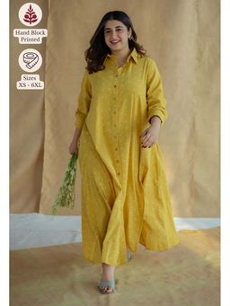 The Indian Ethnic Co. - Yellow A-Line Dabu Printed Slub Cotton Dress