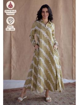 The Indian Ethnic Co. - Green A-Line Batik Printed Cotton Dress