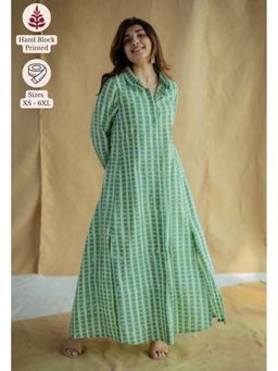 The Indian Ethnic Co. - Green A-Line Batik Printed Slub Cotton Dress
