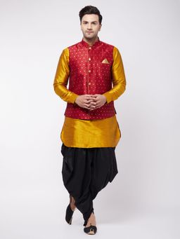 Vastramay - Men's Mustard, Maroon And Black Silk Blend Jacket, Kurta And Dhoti Set (Set of 3)