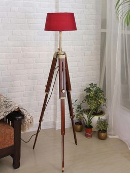 Homesake - Tripod Floor Lamp Wood Nautical Red Shade