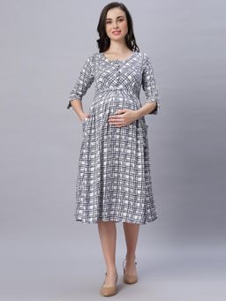 Mamma's Maternity - Women Navy Blue Cotton Checks Printed Maternity Dress