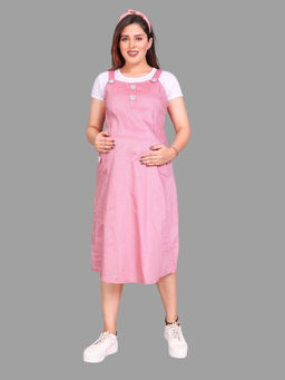Mamma's Maternity - Women Baby Pink Cotton Solid Maternity Feeding Dress