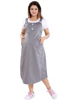 Mamma's Maternity - Women Grey Cotton Solid Maternity Feeding Dress